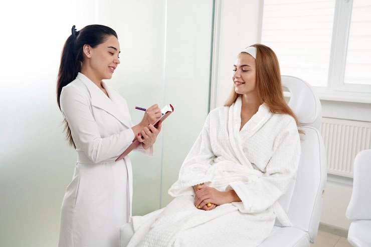 A female doctor asks the patient a question