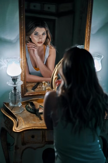 woman standing beside mirror
